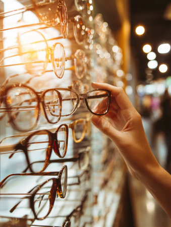 Warm shop light illuminates hands as they choose stylish eyeglass frames from a display shelf filled with various options.の素材