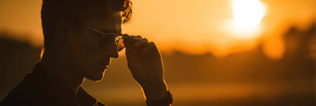 A man enjoys a peaceful moment at sunset, adjusting his sunglasses as the glowing sun sets behind him, creating a striking silhouette.の素材