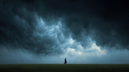 A figure stands alone in a vast space, surrounded by dark storm clouds, symbolizing feelings of depression and mental challenges.の素材