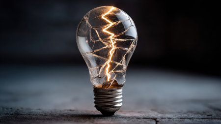 A cracked light bulb emits faint light, representing broken ideas and the struggles of innovation set against a minimal dark background.の素材