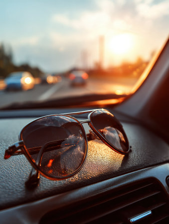 Bright sunlight creates a bokeh effect around sunglasses placed on a car dashboard during a sunset drive on the highway.の素材