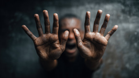 A man shows deep emotional distress, screaming into his hands in a dark, muted setting that evokes a sense of breakdown and struggle.の素材