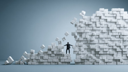 A small human figure stands in front of a towering wall made of blocks, illustrating the struggle against significant barriers and obstacles in life.の素材