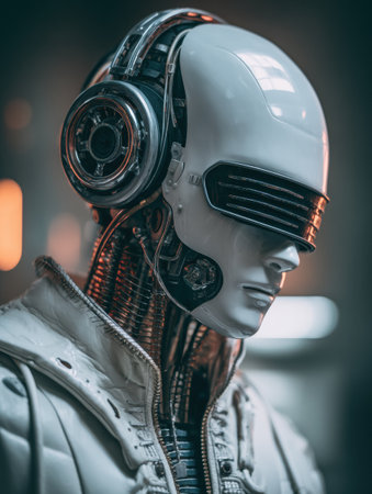 A robot drone pilot skillfully maneuvers a drone using headset glasses, showcasing a futuristic atmosphere and advanced technology.の素材