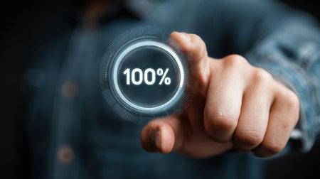 A man interacts with a holographic display, celebrating the completion of a progress bar at 100% for problem solving.の素材