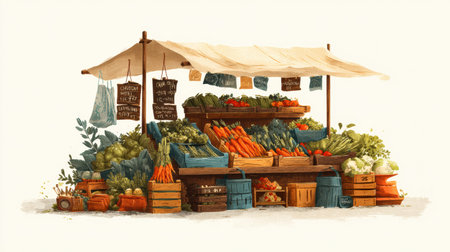 Brightly colored vegetables fill an eco market stand with handwritten signs showing fresh produce, inviting shoppers to enjoy local goods.の素材