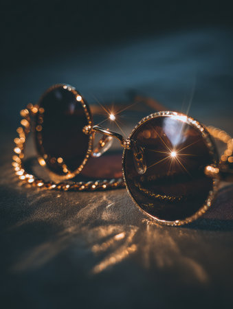 Golden-rimmed sunglasses radiate luxury, featuring lens flare in a stylish and elegant atmosphere, perfect for summer outings or sunny days.の素材