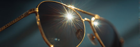 Golden rimmed sunglasses catch the sunlight, creating a luxurious feel and vibrant mood, perfect for stylish outdoor activities.の素材