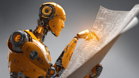 A robot tailored for design uses a glowing blueprint to craft a smart glasses frame in a modern workshop environment, showcasing advanced technology.の素材