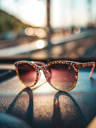 Sunglasses lay on a car dashboard while bright sunlight filters through, creating a beautiful bokeh effect during a warm day.の素材