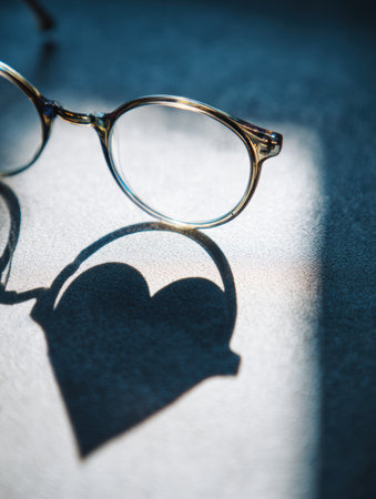 Glasses sit on a surface, casting a beautiful heart-shaped shadow that represents love and perspective, inviting contemplation.の素材