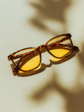 Designer glasses lay elegantly on a pastel surface, showing their stylish simplicity and warm yellow tones in soft natural light.の素材