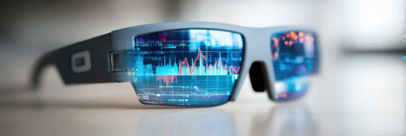 Smart glasses show vibrant stock charts and financial data in a sleek workspace, highlighting the fusion of technology and finance.の素材