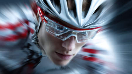 Robot cyclist showcases cutting-edge aerodynamic glasses while racing at high speed during a competitive cycling event.の素材