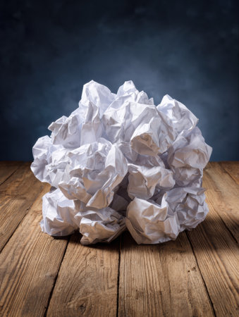 Crumpled papers are piled on a wooden table, illustrating a moment of creative block and the frustration of problem-solving.の素材