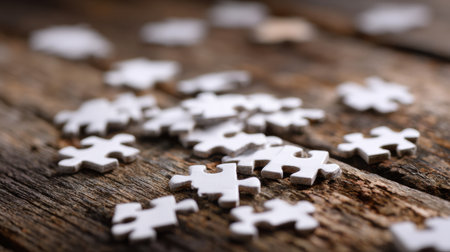 Scattered pieces of a broken puzzle lie on a wooden desk, symbolizing an unresolved business problem that needs attention.の素材
