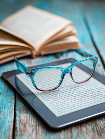 Glasses sit on a tablet with an e-book, set against an open book and rustic wood, creating a cozy reading vibe.の素材