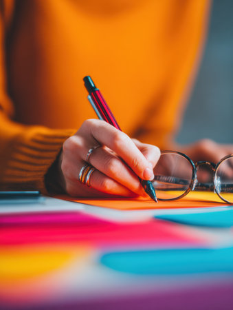 A young woman wears glasses and focuses intently as she writes notes with a colorful pen on vibrant sheets of paper at her desk.の素材
