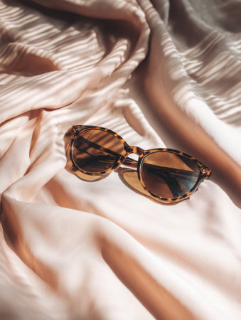 Sunglasses are placed on gentle pastel fabric, illuminated by soft sunlight, creating a calm and stylish atmosphere.の素材