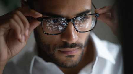 A man is adjusting his glasses while reading a screen, highlighting methods for reducing eye strain in a calm environment.の素材