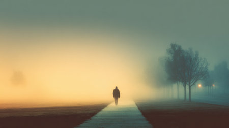 A human silhouette slowly fades into thick fog on an empty path, evoking feelings of loss and uncertainty during morning hours.の素材