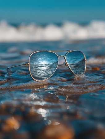 Sunglasses rest in shallow water, capturing the sunlight and reflecting rolling ocean waves with a clean, minimal backdrop.の素材