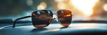 A pair of sunglasses placed on a car dashboard shines brightly as sunlight creates a beautiful bokeh effect in the background during sunset.の素材