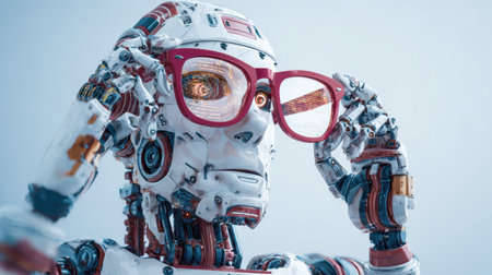 A robot with advanced features adjusts holographic glasses, showcasing a blend of technology and creativity in a modern setting focused on innovation.の素材