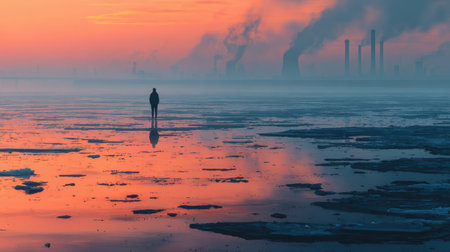 A lone figure stands on a reflective icy surface, surrounded by smoke and pollution from nearby factories at sunset.の素材