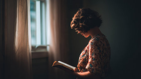 A woman immersed in her book, finding peace by the window as soft natural light enhances the calm atmosphere.の素材