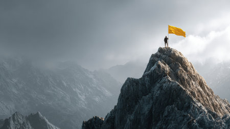 A man stands on a mountain peak, proudly holding a flag, symbolizing his challenges overcome and success achieved amidst a stunning landscape.の素材