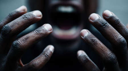 A man screams into his hands, portraying an intense emotional breakdown in dark muted tones, capturing a moment of distress.の素材