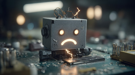 A small robot with a sad face sits on a circuit board, broken connections and sparks highlighting the struggles of artificial intelligence.の素材