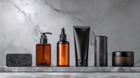 Various mens skincare products are lined up on a sleek marble counter, showcasing a modern and minimalistic design with soft colors.の素材