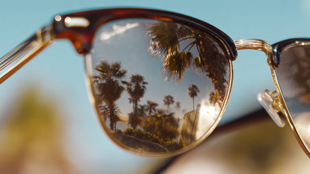 Mirrored lenses capture the beauty of swaying palm trees, enhancing a sunny day in a picturesque beach destination.の素材