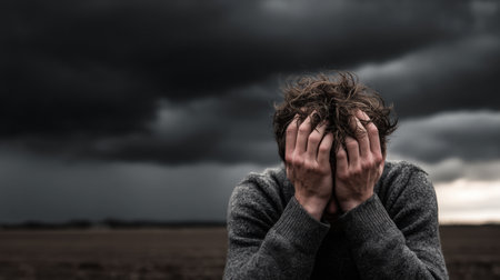A person stands in a field covered by dark storm clouds, holding their head with both hands, showing signs of emotional distress and despair.の素材