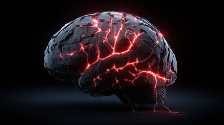 A cracked futuristic AI brain glows with red warning lights, illustrating challenges and ethical issues facing advanced technology today.の素材