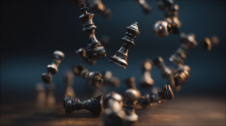Chess pieces tumble through the air, representing the turmoil of lost control and the weight of failed strategic choices in a somber setting.の素材