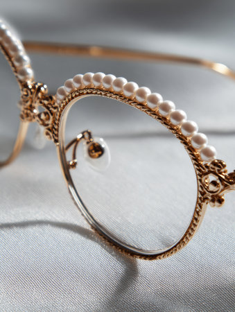 Unique glasses featuring a pearl chain and ornate gold details create a statement piece for any stylish setting or occasion.の素材