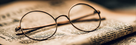 Glasses lie quietly on aged newspaper, reflecting a time long past and inviting thoughts of history and stories untold.の素材