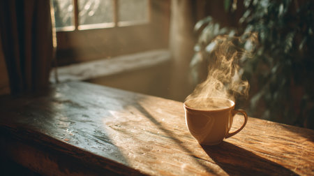 Morning light filters through a window, illuminating a steaming coffee cup placed on a warm wooden table surrounded by a tranquil atmosphere.の素材
