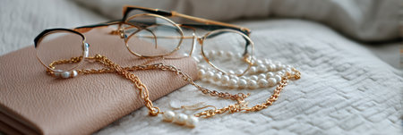 Elegant glasses designed with a pearl chain and gold accents are placed on a soft surface, showing their luxury appeal and style.の素材