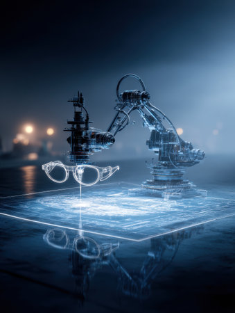 A robot tailor skillfully designs a smart glasses frame, utilizing a glowing blueprint in a modern workshop filled with high-tech equipment.の素材