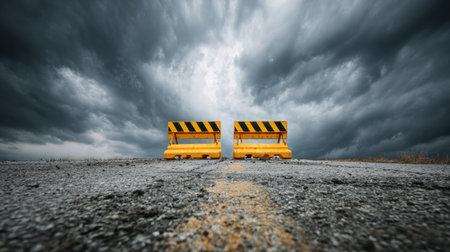 A broken arrow sign blocks the highway, representing obstacles faced in business journeys under a cloudy sky.の素材