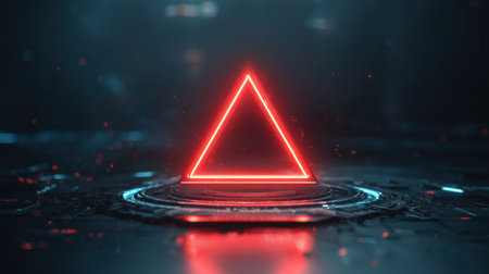 A bright red triangle symbol illuminates a sleek futuristic interface, signaling a critical error or warning condition.の素材