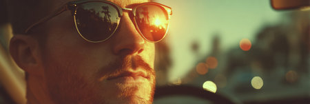 A man enjoys the drive in a convertible, wearing sunglasses and experiencing sunlight reflections during a bright afternoon.の素材