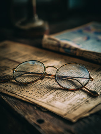 Round glasses lay casually on a faded newspaper, bringing a sense of nostalgia and warmth to the quiet atmosphere.の素材