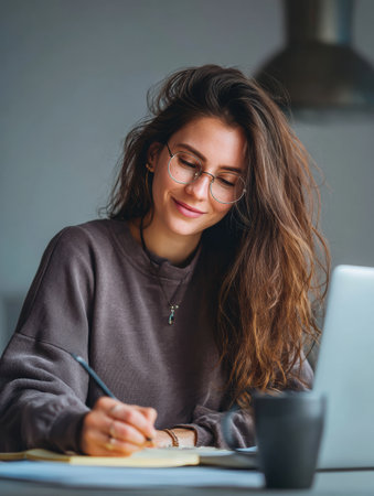 Young woman with glasses writes notes at her desk, surrounded by a laptop and a coffee cup in a calm, minimal layout.の素材