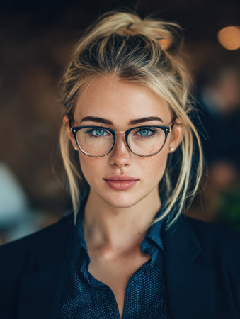 Woman wearing glasses and business attire poses confidently in a stylish office background showing professionalism and focus.の素材