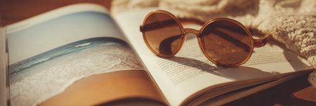 Sunglasses sit on an open magazine showcasing beautiful beach scenes, creating a relaxed atmosphere perfect for summer enjoyment.の素材